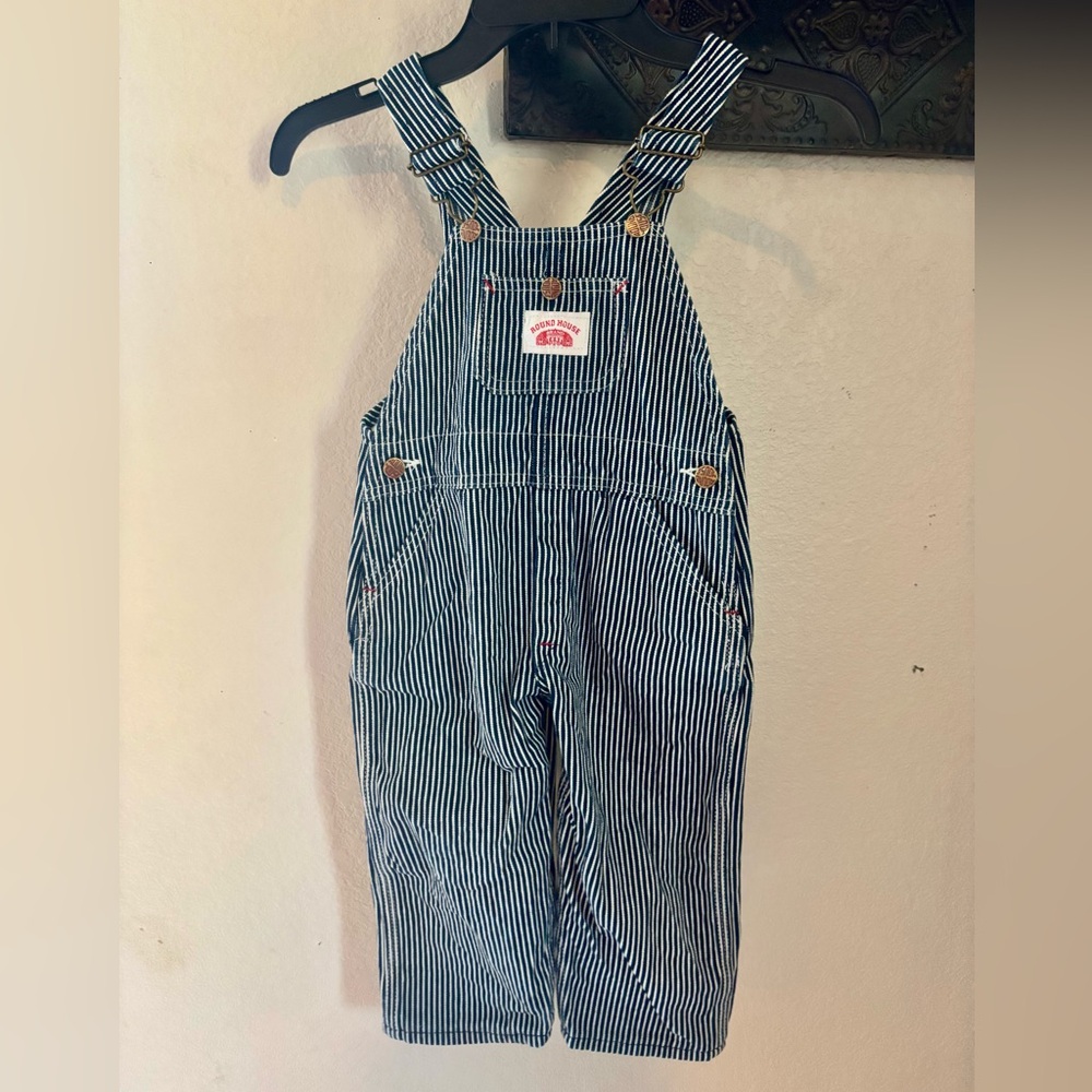 Vintage Round house Navy Striped Kids Overalls